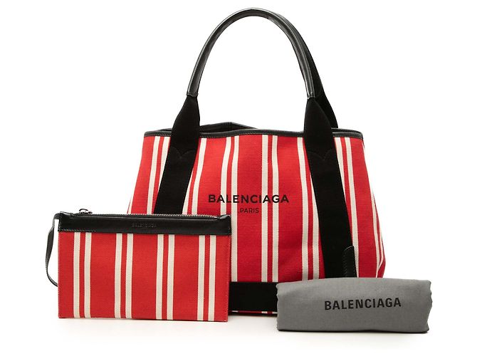 Balenciaga Canvas Gestreifter Cabas Rot Navy S - Ansicht 7