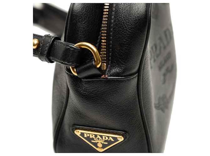 Borsa a tracolla Prada in vitello nero lucido con logo in rilievo - vista 6