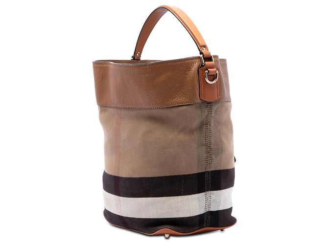 Burberry Ashby Beutel aus braunem Mega Check Canvas und genarbtem Kalbsleder, Größe Medium - Ansicht 2