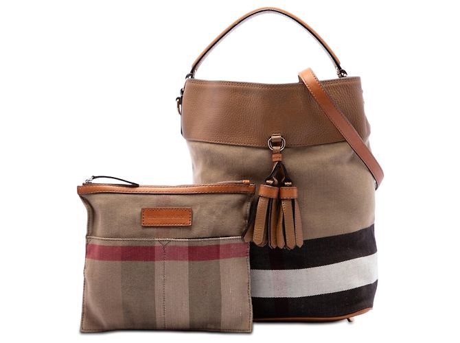 Burberry Ashby Beutel aus braunem Mega Check Canvas und genarbtem Kalbsleder, Größe Medium - Ansicht 7