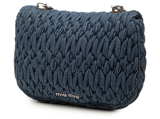 Borsa Miu Miu in denim matelassé blu con catena di cristalli - vista 2