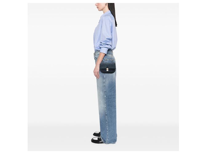 Borsa Miu Miu in denim matelassé blu con catena di cristalli - vista 7
