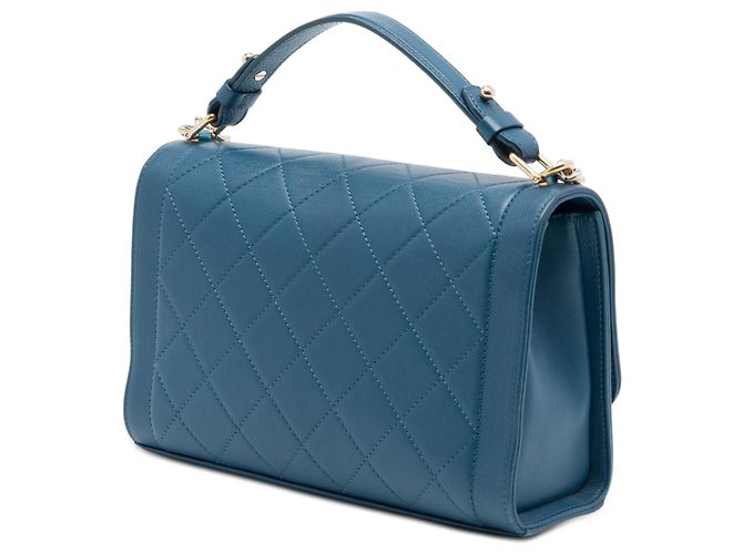 Chanel Blue Medium Quilted Grained Calfskin Label Click Top Handle Flap - vista 2