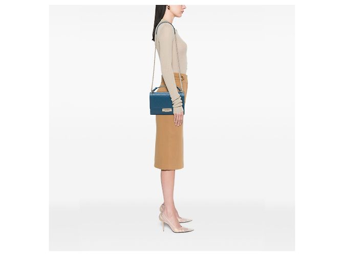 Chanel Blue Medium Quilted Grained Calfskin Label Click Top Handle Flap - vista 6