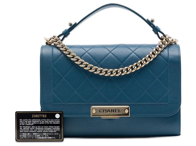 Chanel Blue Medium Quilted Grained Calfskin Label Click Top Handle Flap - vista 7