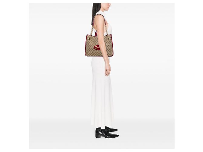 Tote Gucci Beige Medium GG Canvas Horsebit 1955 con catena - vista 6