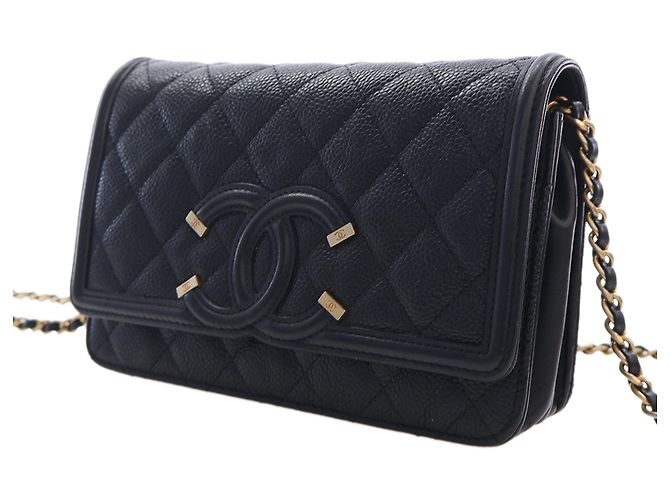 Wallet On Chain Portafoglio con Catena Chanel Black Caviar CC Filigree Nero - vista 2