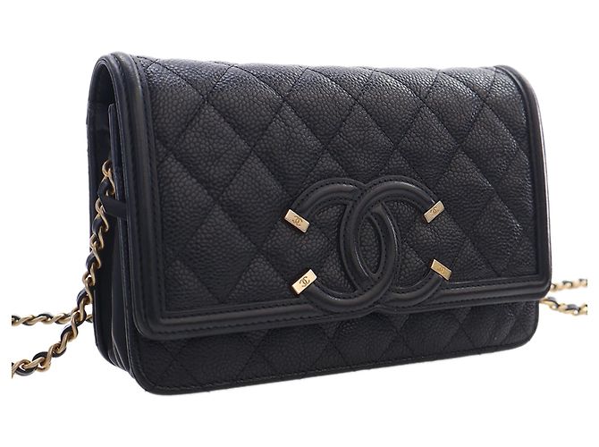 Wallet On Chain Portafoglio con Catena Chanel Black Caviar CC Filigree Nero - vista 3