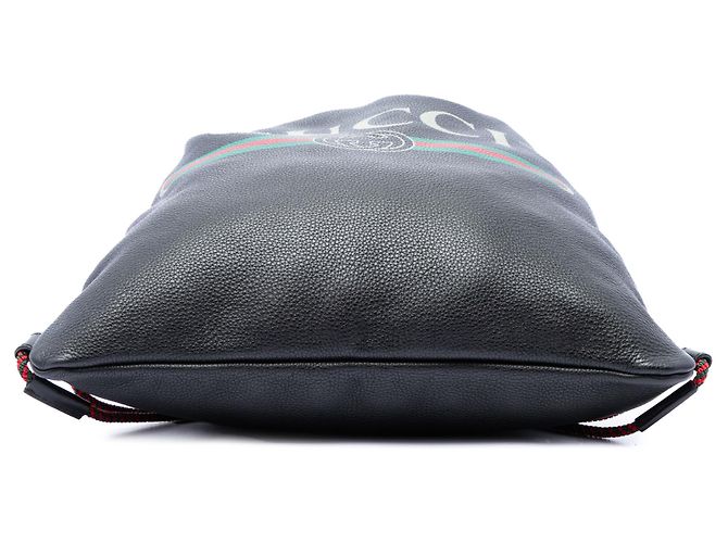 Gucci Black Grained Calfskin Web Logo Drawstring Backpack - view 3