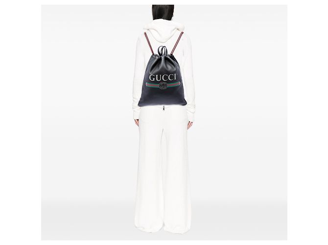 Gucci Black Grained Calfskin Web Logo Drawstring Backpack - view 6