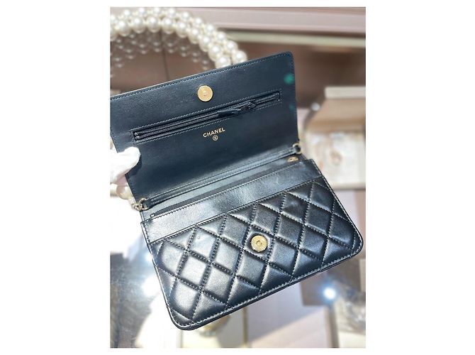 Chanel black sheepskin pearl chain bag - view 6