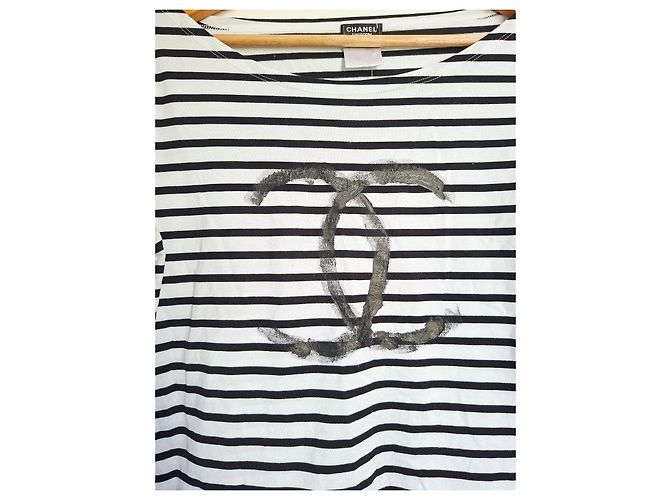 Camiseta marinera a rayas Chanel con logo CC Negro Blanco - vista 2