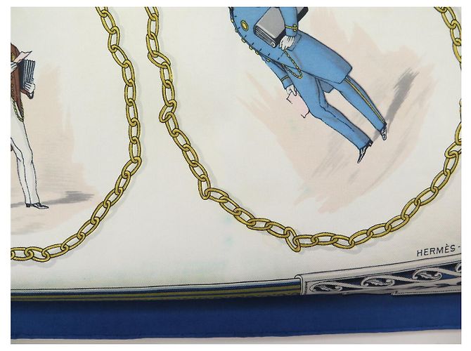 Hermès FASCIA VINTAGE HERMES CNEP LES BANQUIERS 1955 QUADRATO DI SETA 90 BLU - vista 11