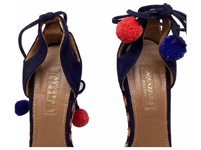 Espadrilles con zeppa Aquazzura con decorazioni Pom-Pom in camoscio blu - vista 10