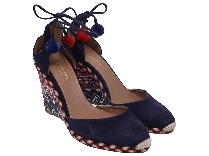Espadrilles con zeppa Aquazzura con decorazioni Pom-Pom in camoscio blu - vista 2