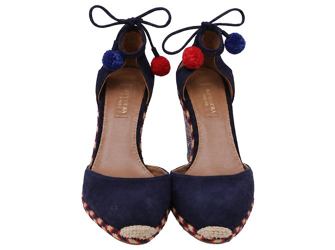 Espadrilles con zeppa Aquazzura con decorazioni Pom-Pom in camoscio blu - vista 3