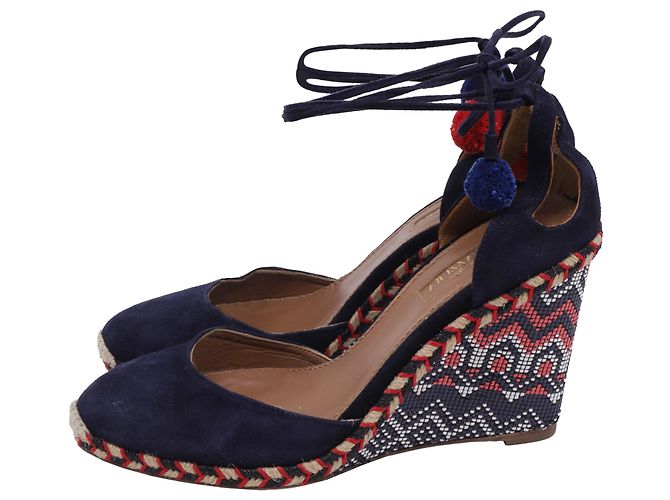 Espadrilles con zeppa Aquazzura con decorazioni Pom-Pom in camoscio blu - vista 4