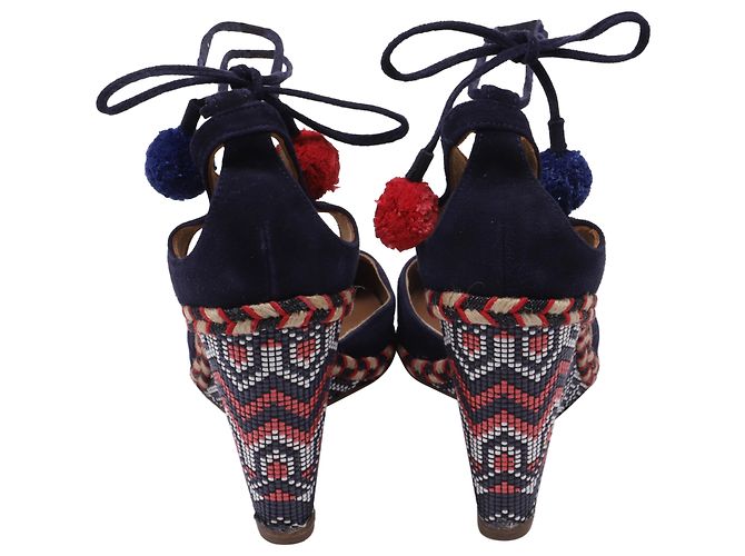 Espadrilles con zeppa Aquazzura con decorazioni Pom-Pom in camoscio blu - vista 5