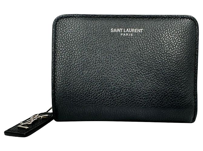 Saint Laurent Rive Gauche Zip Around Compact Wallet aus schwarzem Leder - Ansicht 2