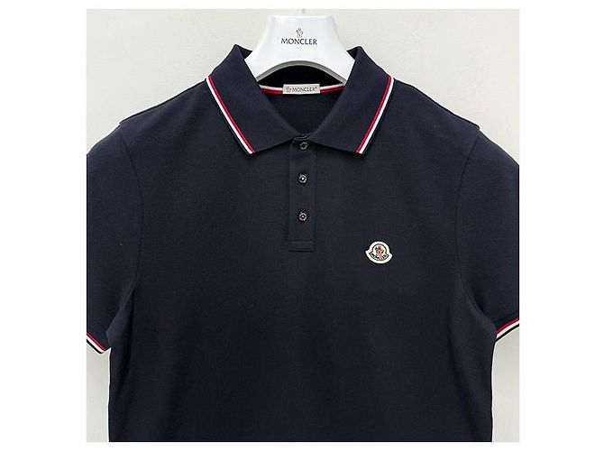 Moncler Polo in piqué di cotone con bordatura logo Blu scuro - vista 3