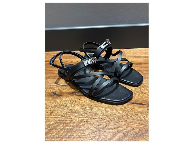 Sandali Gladiator June in pelle nera Hermès con finiture in palladio Nero - vista 2