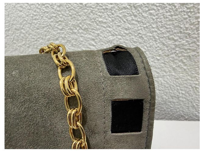 Chanel Borsa a tracolla in scamosciato grigio con fiocco nero e catena dorata D'oro - vista 3