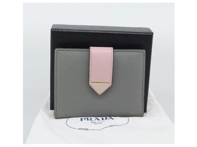Cartera Bifold PRADA de piel Saffiano Gris Oro Auth 194318M Castaño Dorado - vista 12