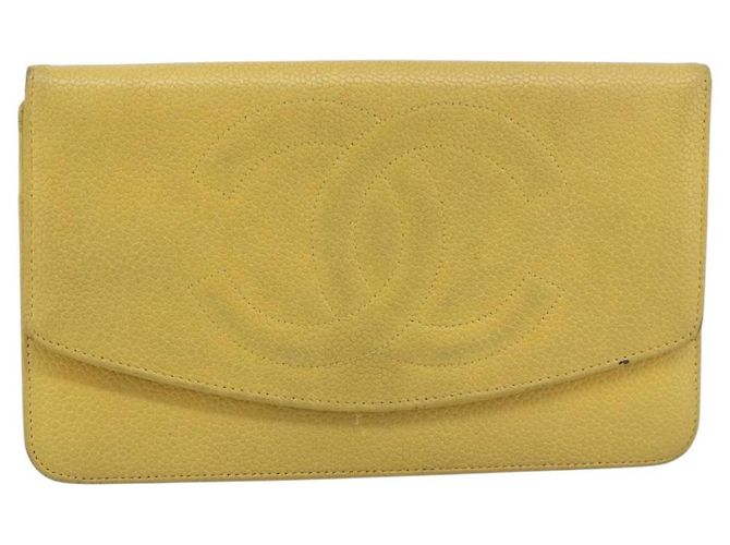 CHANEL COCO Mark Long Wallet Caviar Skin Yellow Gold CC Auth 193588 D'oro Giallo - vista 13