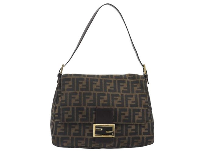 FENDI Zucca Canvas Mamma Baguette Borsa a Spalla Marrone Nero Auth 193423V - vista 13