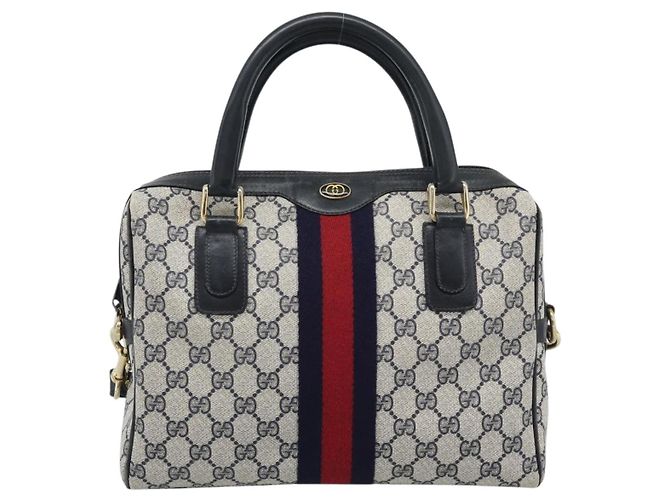 Borsa Boston GUCCI GG Supreme Sherry Line PVC 2way Navy Gold Auth 194672V D'oro Blu navy - vista 2