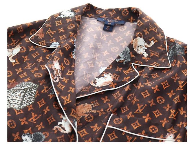 Camicia a maniche lunghe LOUIS VUITTON Catgram Seta 40 Marrone LV Auth ar14094 - vista 12