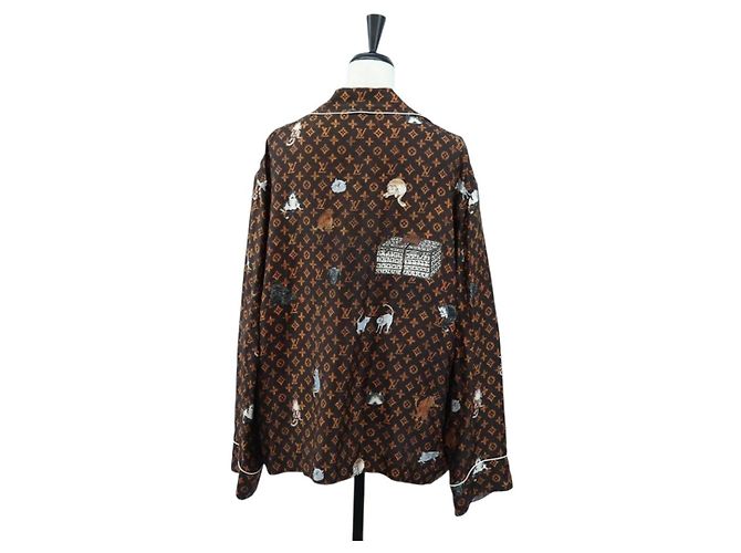 Camicia a maniche lunghe LOUIS VUITTON Catgram Seta 40 Marrone LV Auth ar14094 - vista 2