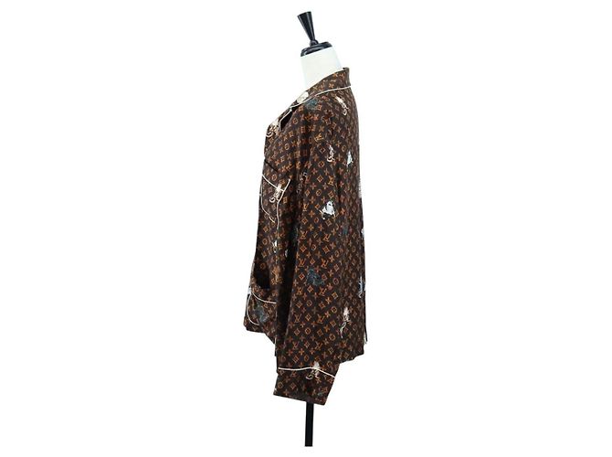 Camicia a maniche lunghe LOUIS VUITTON Catgram Seta 40 Marrone LV Auth ar14094 - vista 3