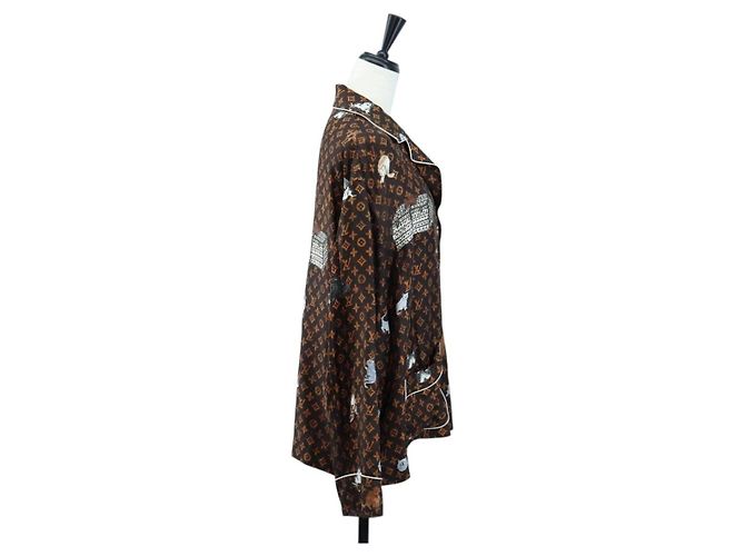 Camicia a maniche lunghe LOUIS VUITTON Catgram Seta 40 Marrone LV Auth ar14094 - vista 4