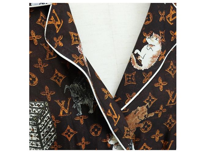 Camicia a maniche lunghe LOUIS VUITTON Catgram Seta 40 Marrone LV Auth ar14094 - vista 6