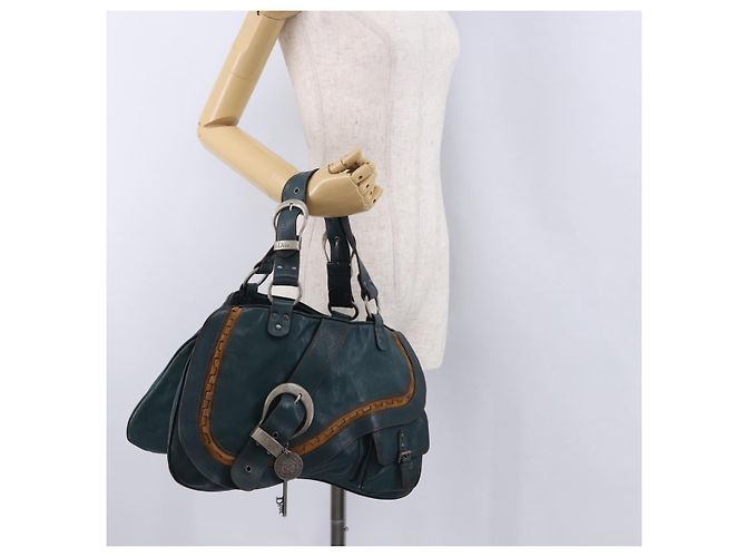 Sac cabas Christian Dior Gaucho en cuir vert argenté Auth 194708V - vue 25
