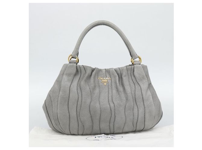 PRADA Handtasche aus Leder Grau Gold Auth 194293V Braun Golden - Ansicht 12