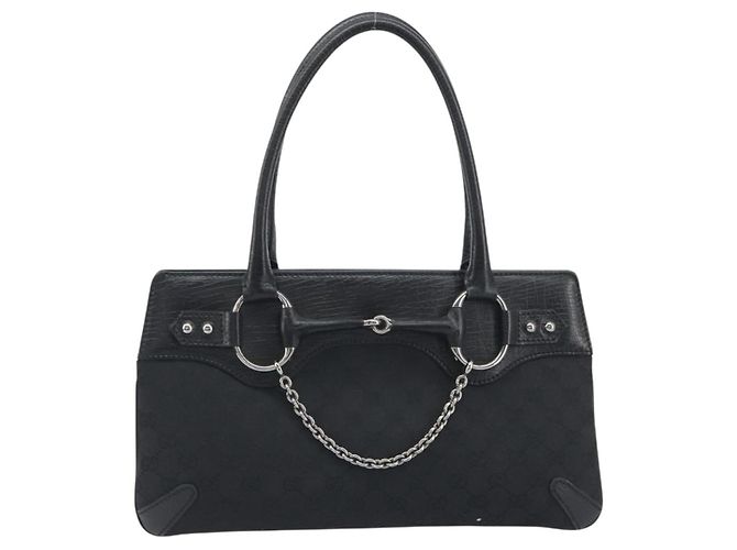 Borsa GUCCI Horsebit GG Canvas Nera Argento 114913 Auth 193014V Nero - vista 2