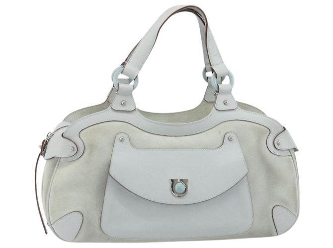 Borsa a mano Salvatore Ferragamo Gancini in scamosciato azzurro chiaro argento Auth BA14181 - vista 2