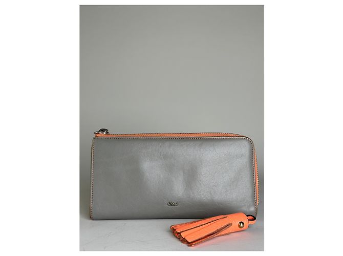 Chloé Vintage Chloe Leather Zip Wallet Grey Orange - view 9