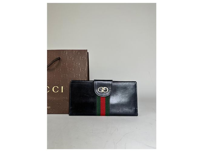 Vintage Gucci Web Stripe Leather Wallet Black Gold - view 10