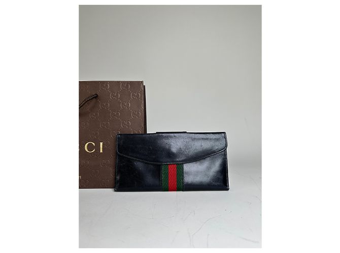 Vintage Gucci Web Stripe Leather Wallet Black Gold - view 11