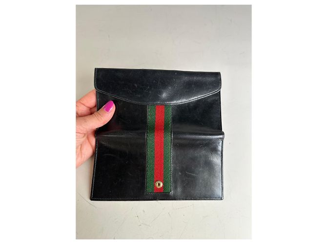 Vintage Gucci Web Stripe Leather Wallet Black Gold - view 7