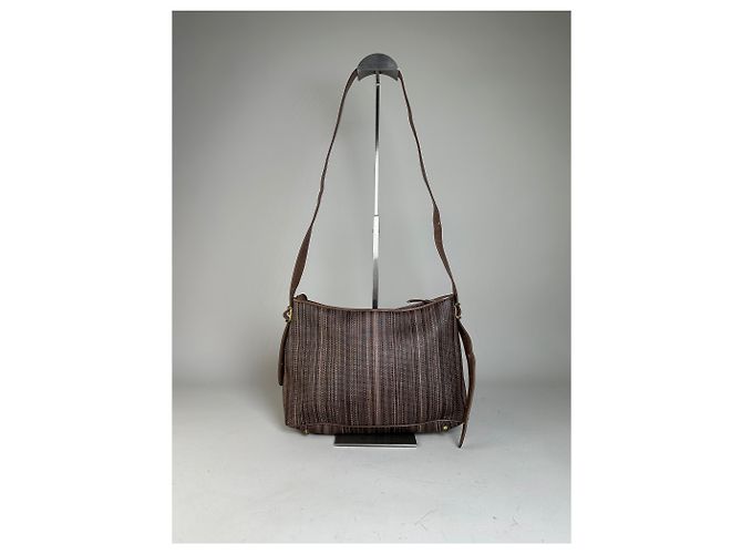 Vintage Givenchy Gestreifte Stoff-Schultertasche Braun Gold - Ansicht 2