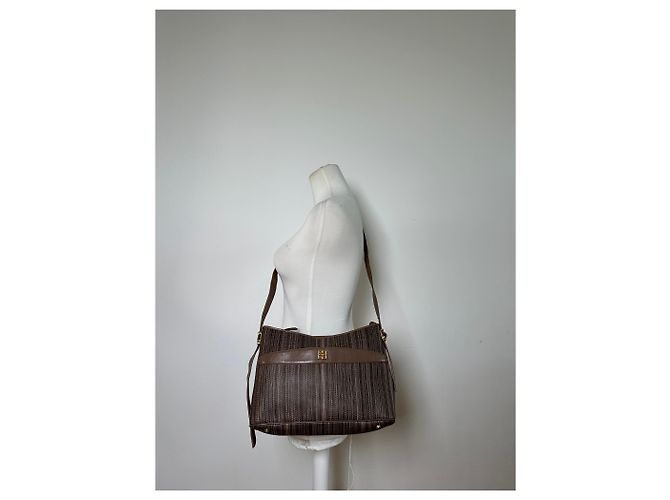 Vintage Givenchy Gestreifte Stoff-Schultertasche Braun Gold - Ansicht 9