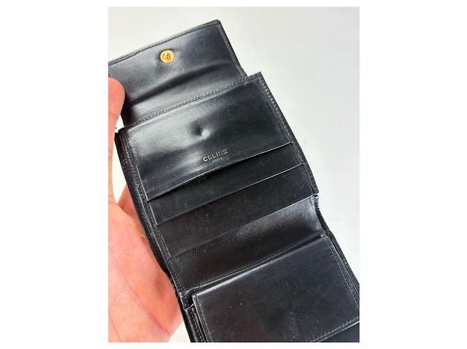 Céline Vintage Celine Leather Wallet Black Gold Snap - view 5