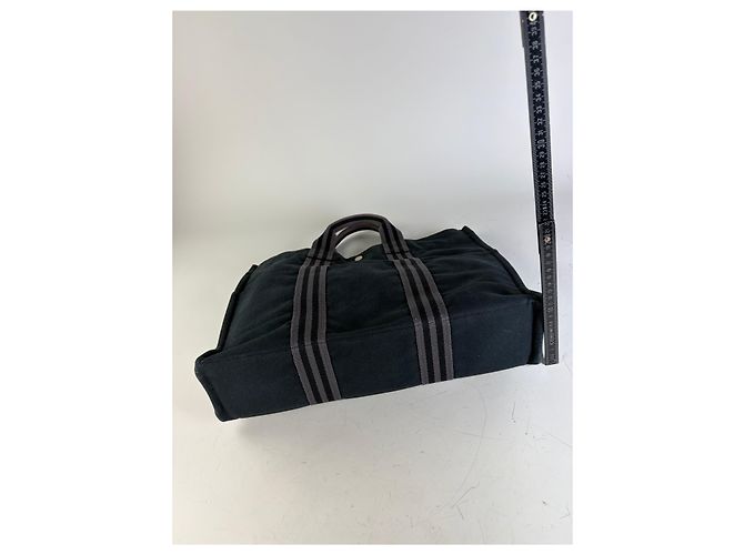 Hermès Borsa Tote Vintage Hermes in tela Nero Grigio Scuro - vista 10