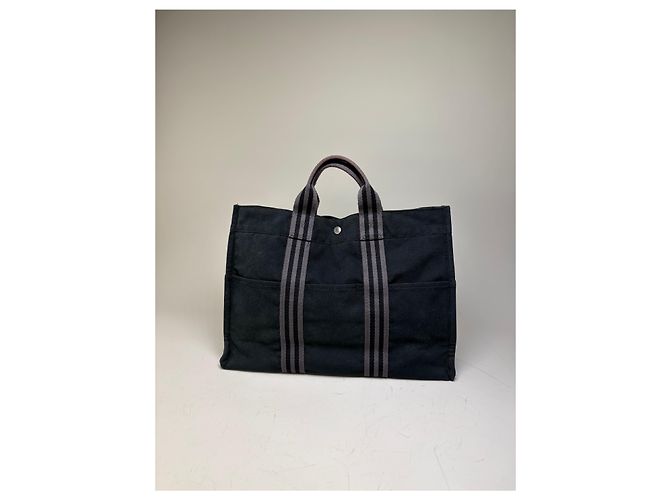 Hermès Borsa Tote Vintage Hermes in tela Nero Grigio Scuro - vista 11