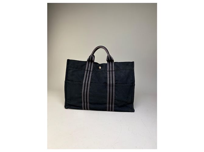 Hermès Borsa Tote Vintage Hermes in tela Nero Grigio Scuro - vista 12