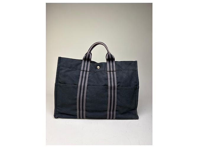 Hermès Borsa Tote Vintage Hermes in tela Nero Grigio Scuro - vista 2